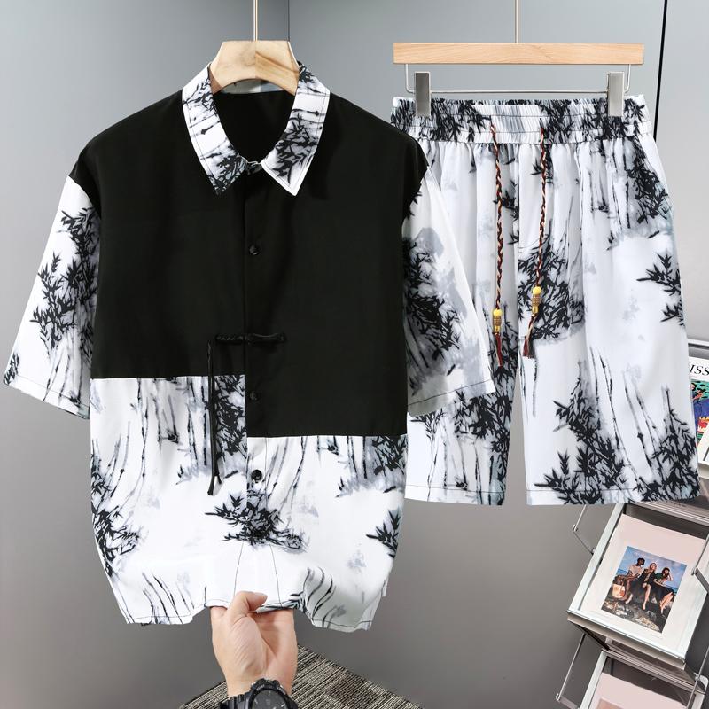 

Men s Plus Size Bamboo Print 2-Piece Outfit, Short Sleeve Shirt & Shorts Set (4XL-10XL) 10XL(150kg-160kg) синій