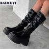 Damen High Heels Plateau Kniehohe Stiefel Designer Leder Goth Schuhe Frau 2025 Trend Gürtelschnalle Winter Marke Schnee Botas Mujer