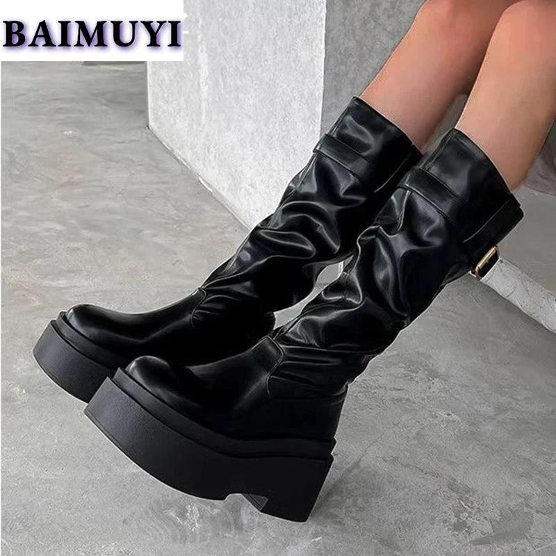 High Heels Women Platform Knee High Boots Designer Leather Goth Shoes Woman 2025 Trend Belt Buckle Winter Brand Snow Botas Mujer