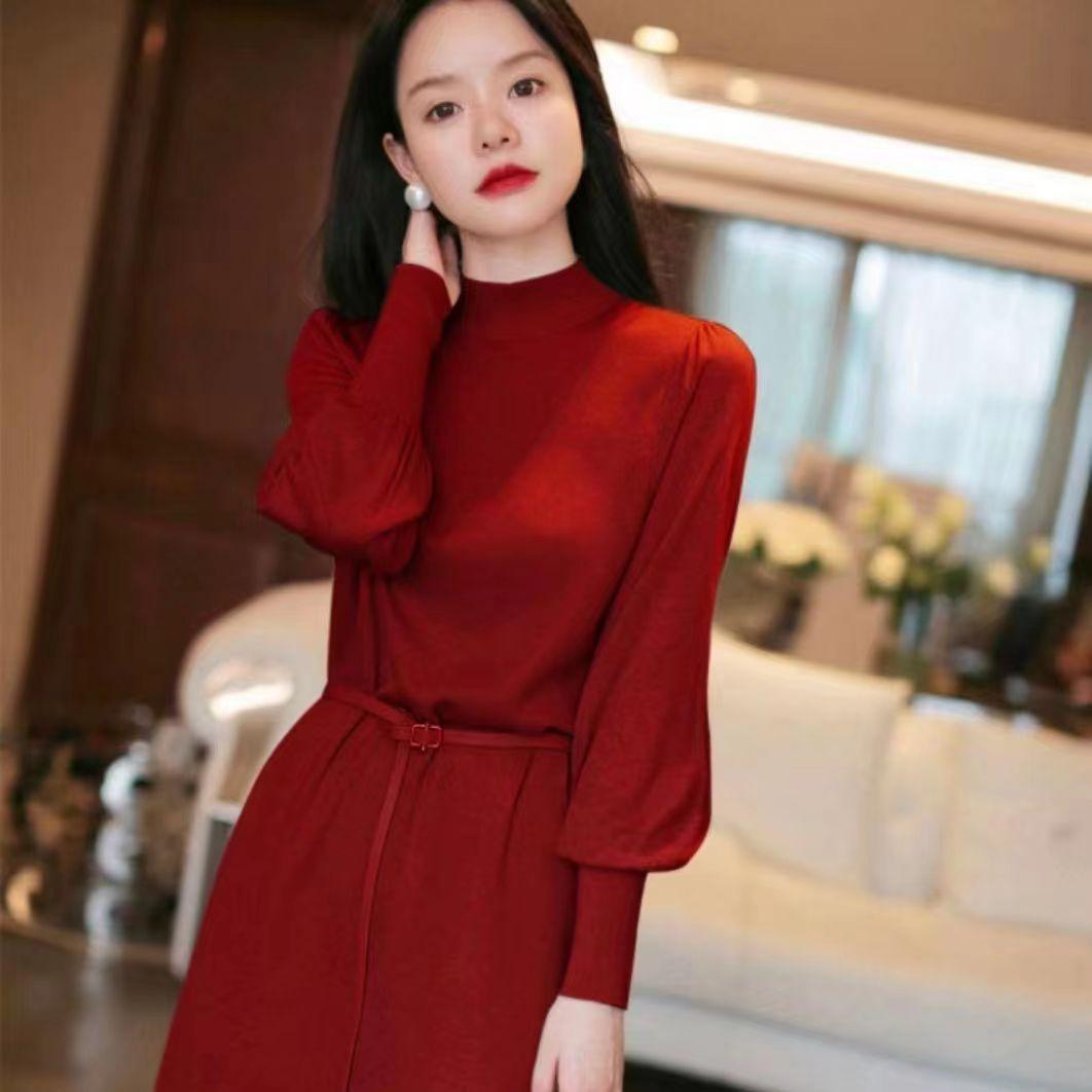 

Осінньо-зимова нова трикотажна сукня Жіноча нижня білизна середньої довжини до пояса Светр Нижня спідниця One Size червоний