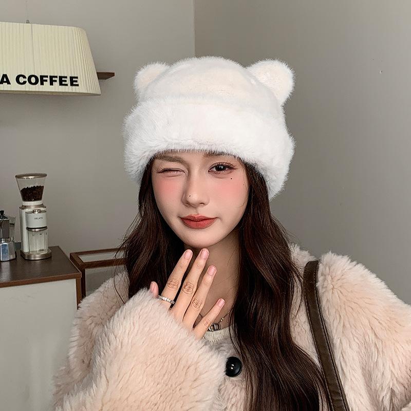Japanese Winter Leopard Print Plush Fisherman Hat Korean Style Cute Ear Warm and Cold Hat Thickened Plus Velvet Basin Hat for Women