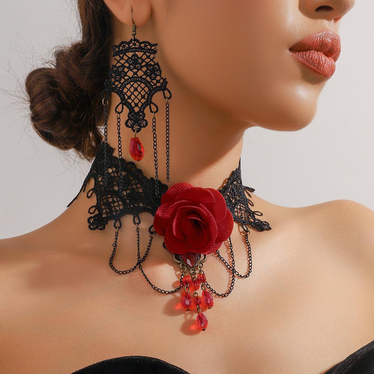 

Vintage Black Lace Necklace Earrings Two-piece Set Women s, Rose Crystal Necklace with Accessories