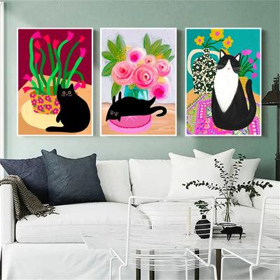 Póster colorido de gato negro con flores de moda, pintura abstracta en lienzo con rosas rosadas, alfombra impresa, arte de pared, imagen para habitación de niños, decoración del hogar