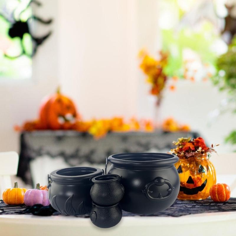 Pack Of 4 Large Black Witch Cauldron Kettles, MultiSize Candy Holders for Halloween & Patrick's Day Party Decors