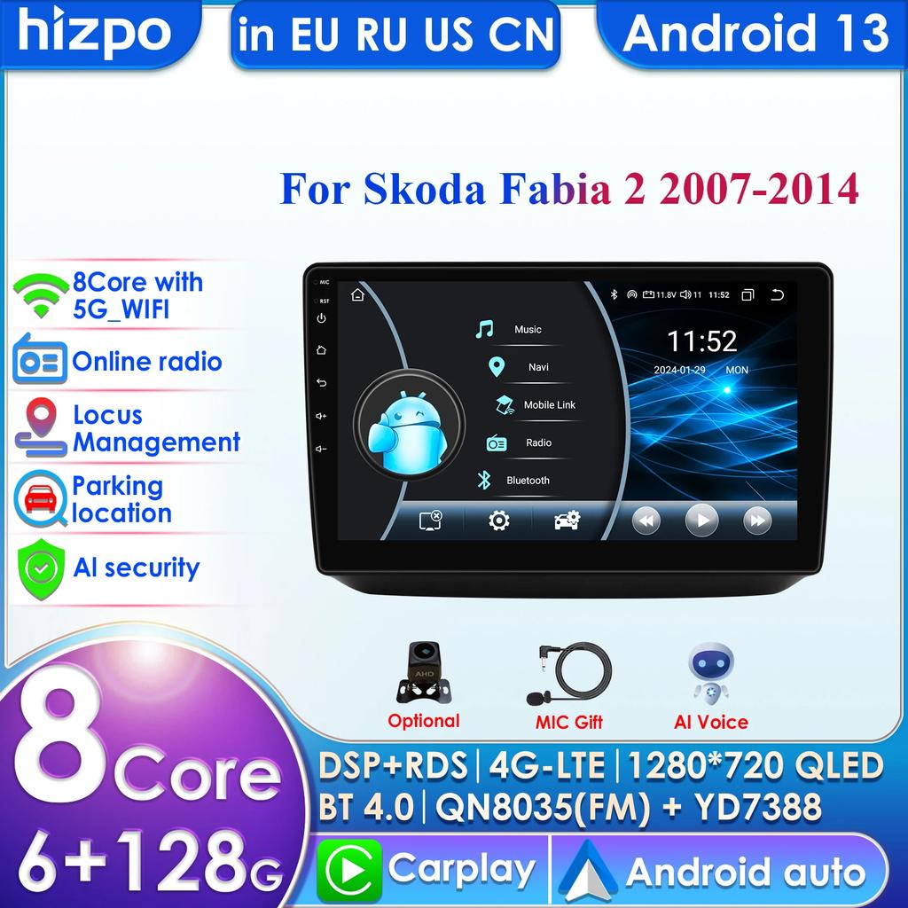 Hizpo 10.1''QLED Screen 2din Android Car Radio Multimedia Video Player for Skoda Fabia 2 2007 - 2014 GPS Navi Carplay AutoIntelligent   4G RDS WIFI