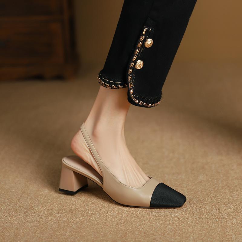 3337-12 Korean version niche square head color matching thick heel women's shoes light mouth back strap sandals bag head empty single shoes women