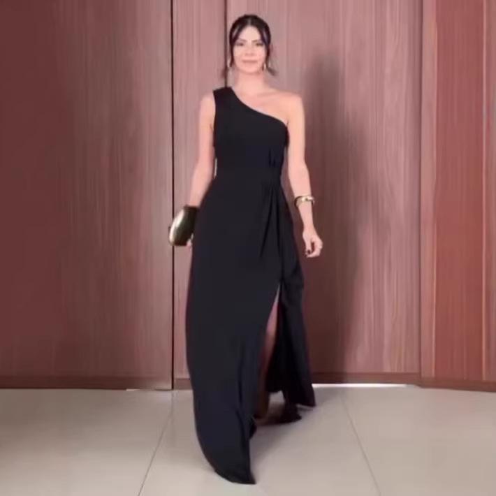 

Autumn 2025 European & American Women s Black Asymmetrical Sleeveless Elegant Dress Extra Large