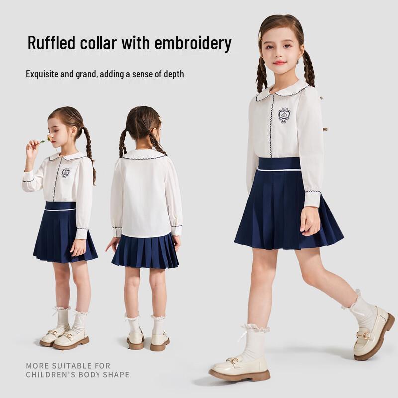 Girls' White Peter Pan Collar Puff Sleeve Cotton Shirt