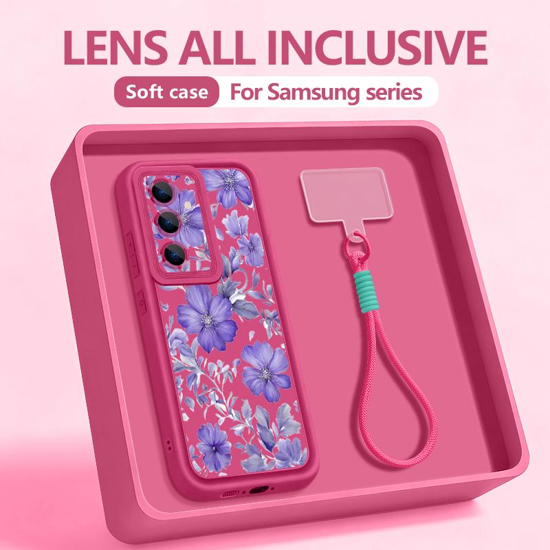 Flowers Patterned Phone Case For Samsung Galaxy S26 S25 S24 Ultra S23 S25 FE A57 A37 A17 A56 A16 A55 A54 A15 Wrist Lanyard Cover