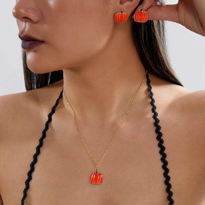 Spooky Jewelry Set for Women, 9 Piece Pumpkin Bat Figure Necklace Ring Earring Collection for Halloween Parties, Cosplay, and Themed Outfits