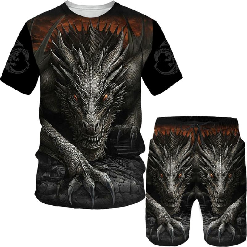 Herren-T-Shirt und Shorts, Streetwear mit 3D-Druck, Vintage-Drachen-Print, hochwertiges zweiteiliges Sommer-Set