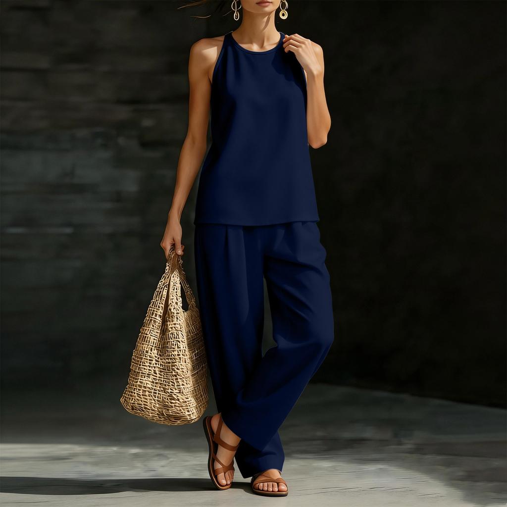 Women's Round Neck Sleeveless Top And Trousers Fashion Casual Suit