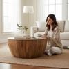 Wooden Coffee Table | Round Drum Table Stool | Living Home Decor Central Furniture, Indian Bedside Nightstand Low Table,Side Table Furniture