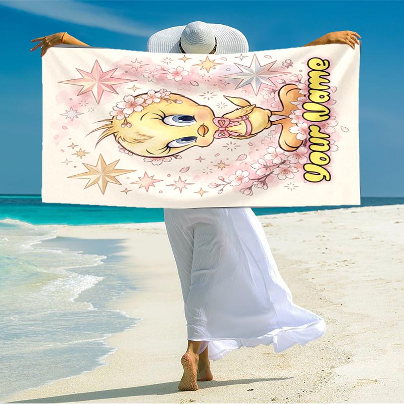 1PC Custom Name Tweety Bird Stars Theme Beach Towel Highly Absorbent And Sand-Resistant Towel for Swimming, Pool, Yoga, And Travel Lightweight