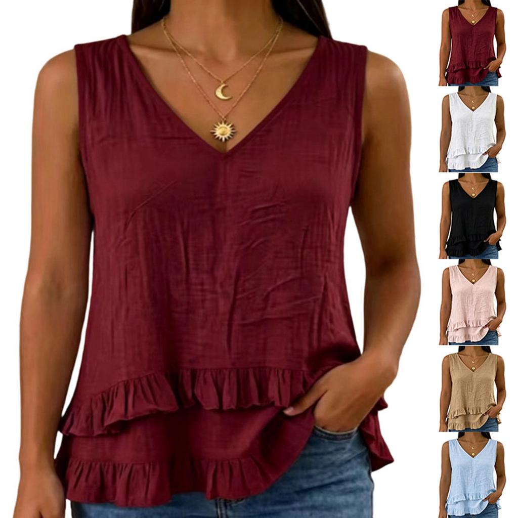 Blusa Estiva da Donna con Scollo a V Senza Maniche Larga con Orlo Arricciato Leggera a Strati Tunica Casual per Uso Quotidiano