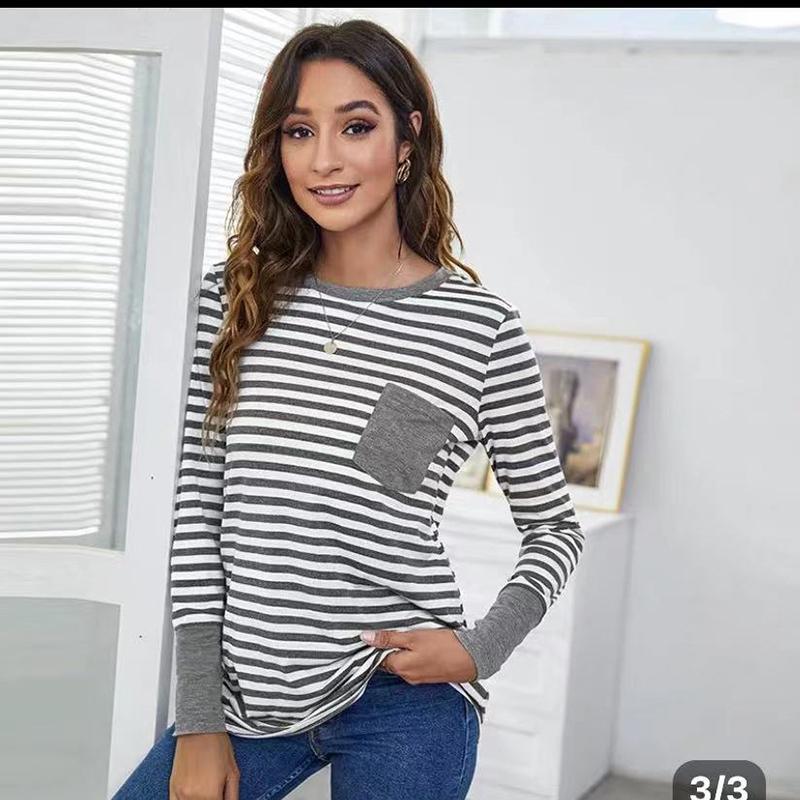 Ladies Autumn Winter Long Sleeve O Neck Striped Loose Pullover T Shirt Top with Pocket