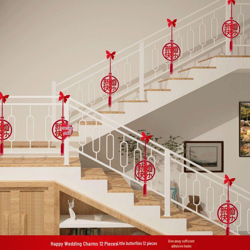 Double Happiness Stair Railing Decor: Wedding Floral Ornaments for Bride and Groom Sides