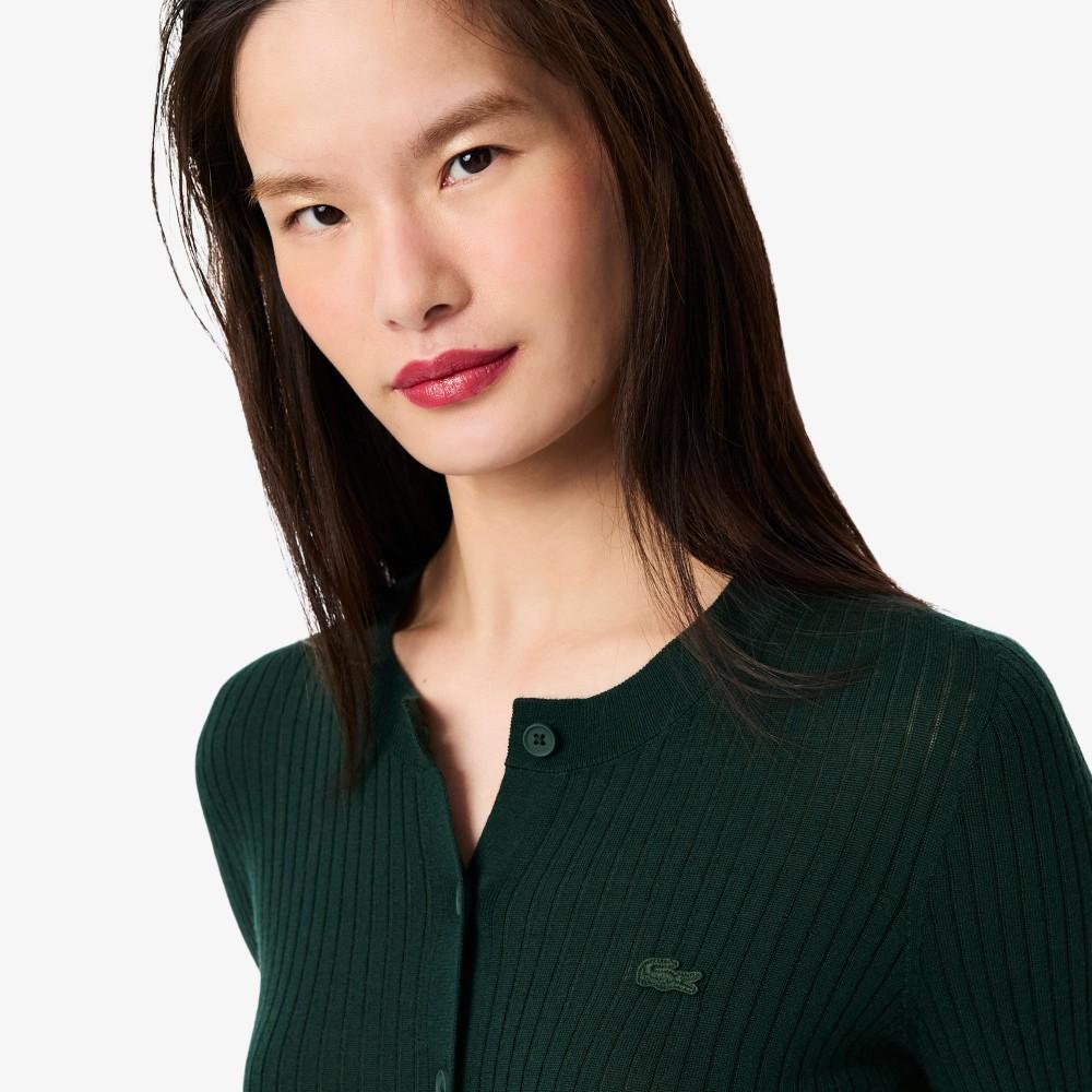 Lacoste Women's Ribbed Merino Wool Crew Neck Cardigan AF4141-55NYZP