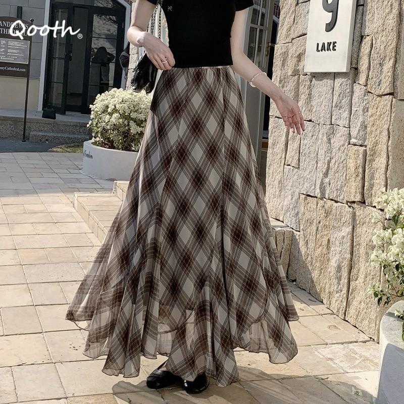 Qooth Plaid Ruffle Midi Skirt Coffee Brown Elastic Waist Polyester Skirt QT2879