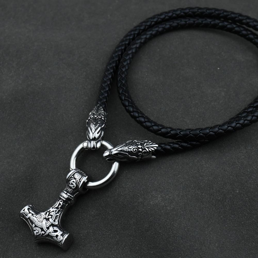 Men stainless steel Wolf head Norse Viking amulet Thor hammer pendant necklace with leather chain