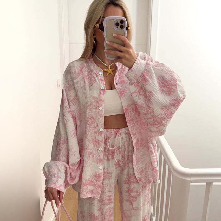 Women 2 Piece Set Tropical Print Cardigan Cami Top Wide Leg Pants Vacation Outfit