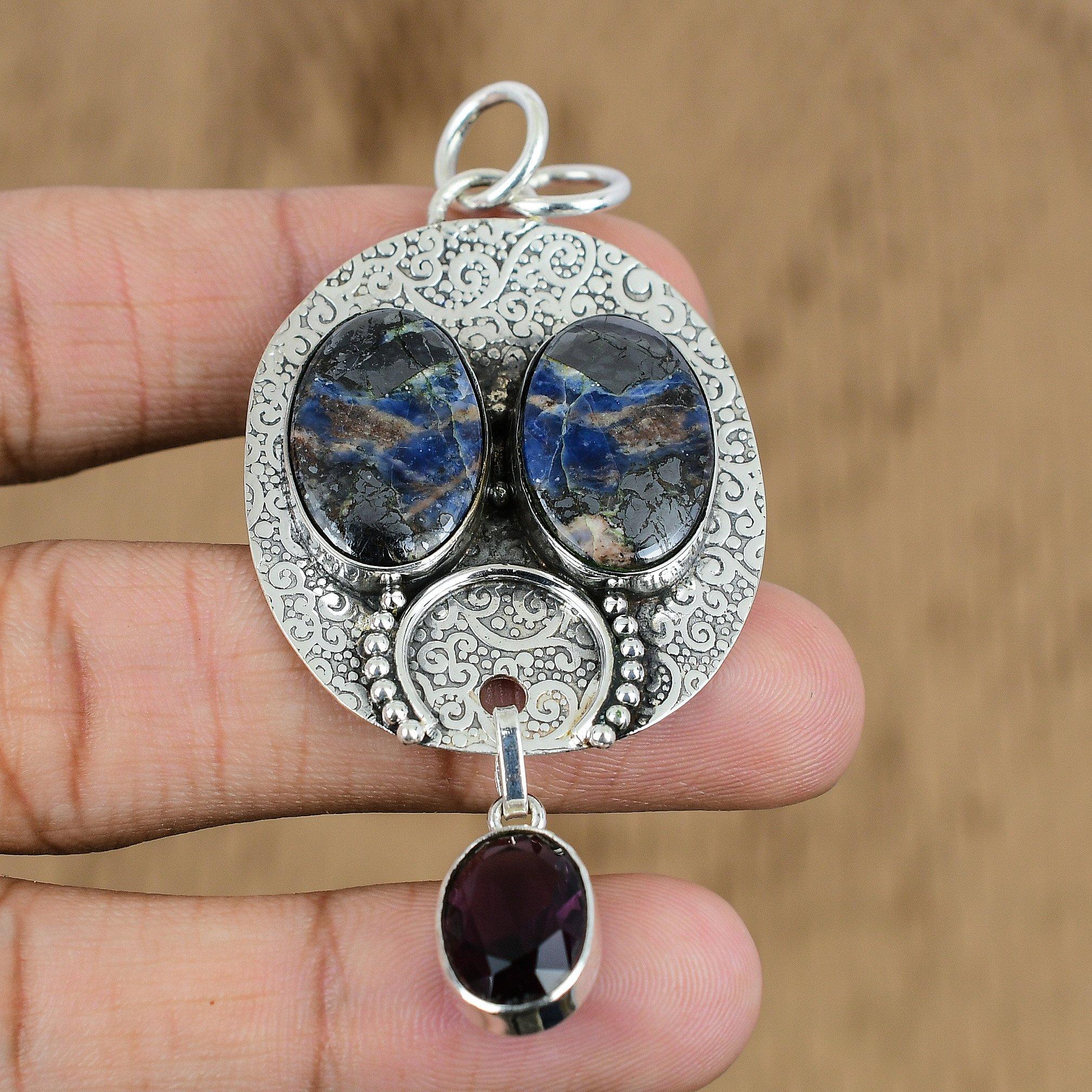 

Natural Sodalite Gemstone Pendant Blue 925 Sterling Silver Indian Jewelry