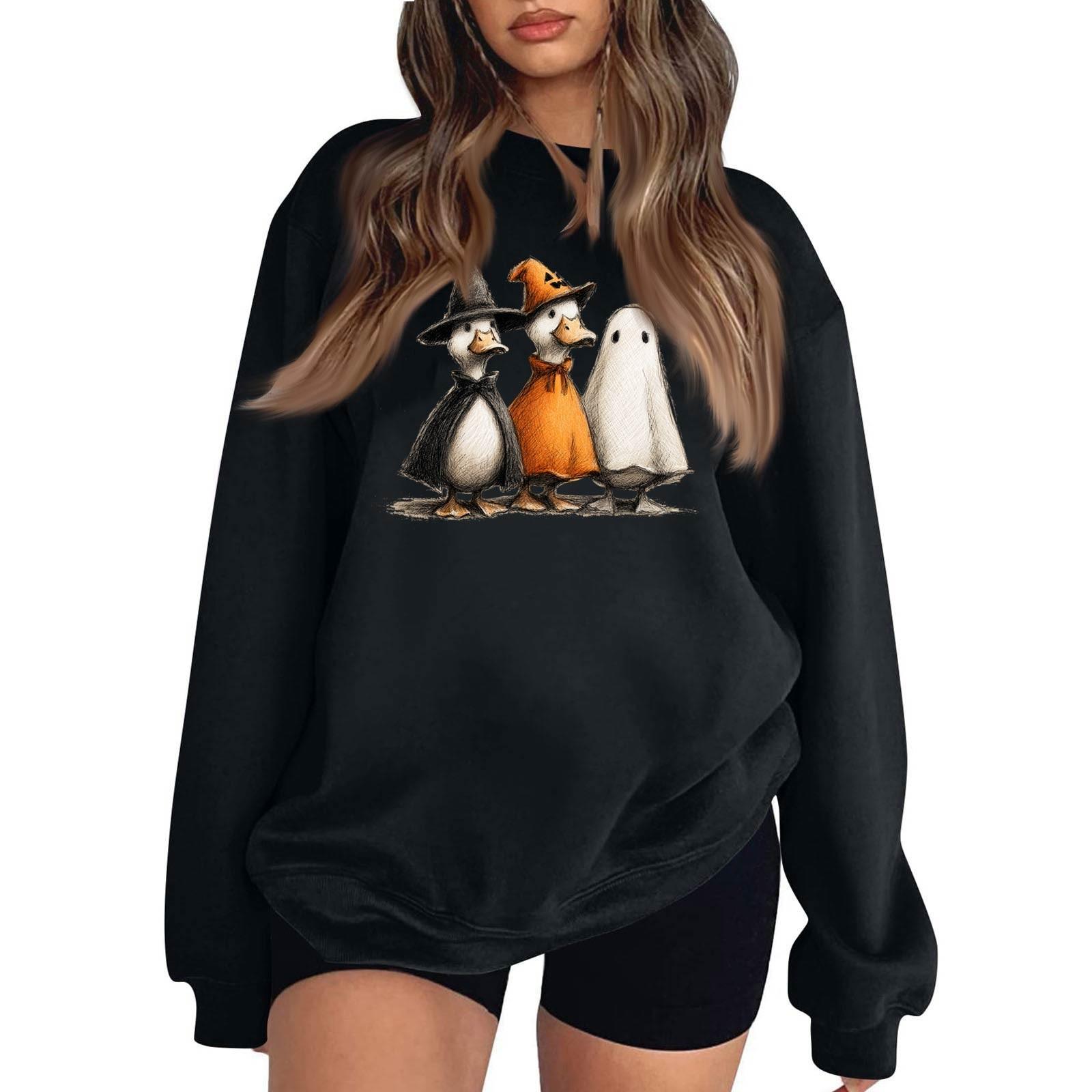 

Womens Fashion Tops Printed Casual Round Neck Long Sleeve Loose Pullover Shirts S чёрный