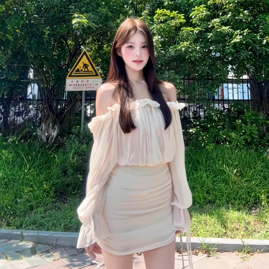 White one-word shoulder dress French style absolute child early autumn new temperament long-sleeved waist A-word hip-wrapped short skirt