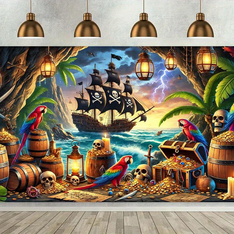 The background of the pirate treasure cave adventure featuring a lively pirate ship parrots and treasure chests 100x150cm