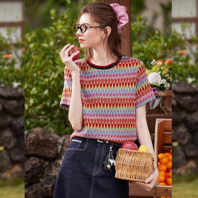 Bailuyu Damen buntes gestricktes Kurzarm-T-Shirt