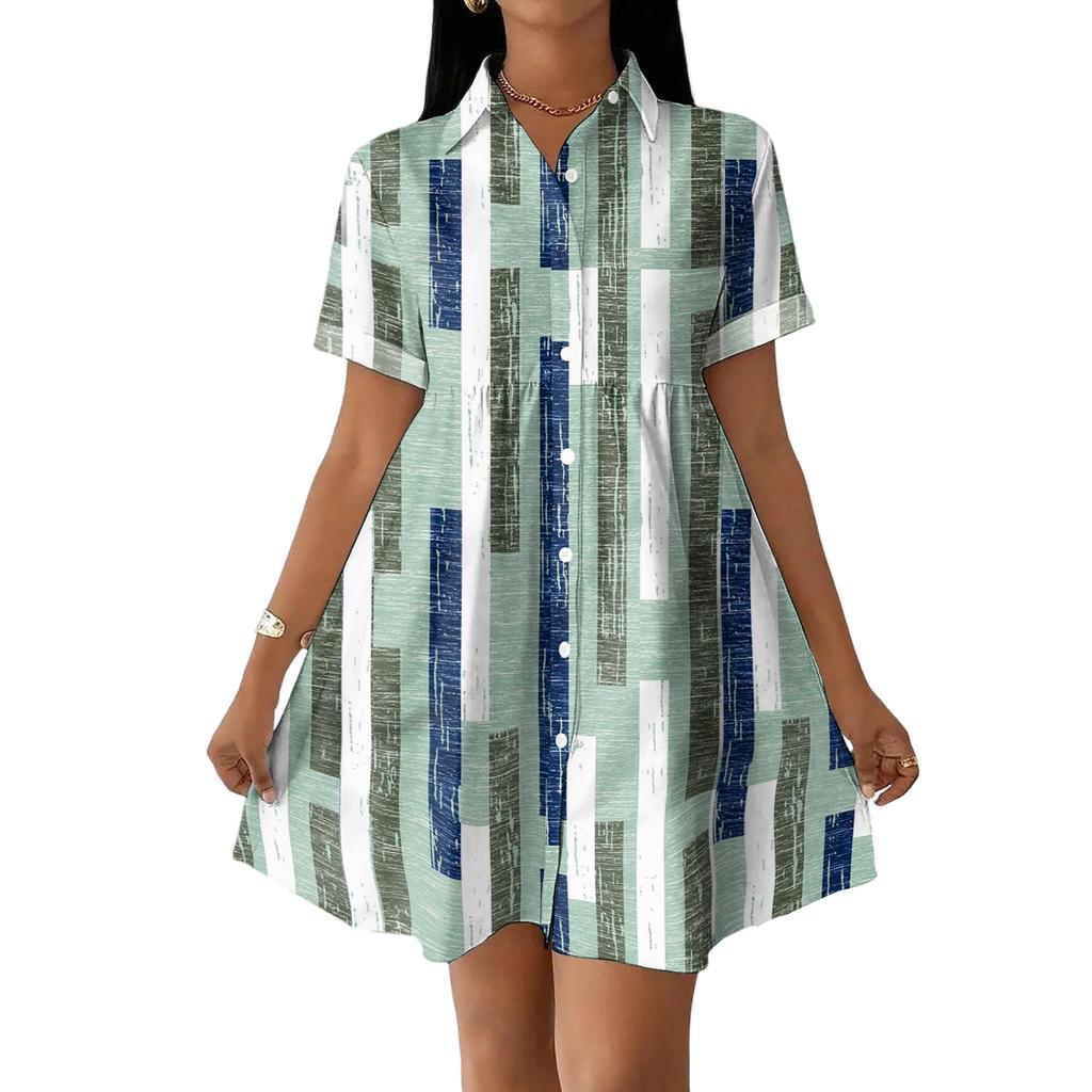 Women's Casual Loose Fit Shirt Dress Button Front Stand Collar Short Sleeve Polka Dot Patterned Dress for Everyday Wear