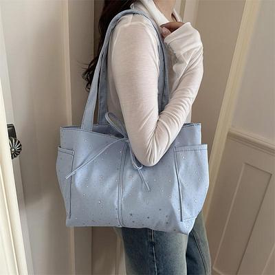 Light Blue Tote Bag With Glitter Star Pattern Bow Decor Multi Pockets For School Shopping Daily Outings Travel