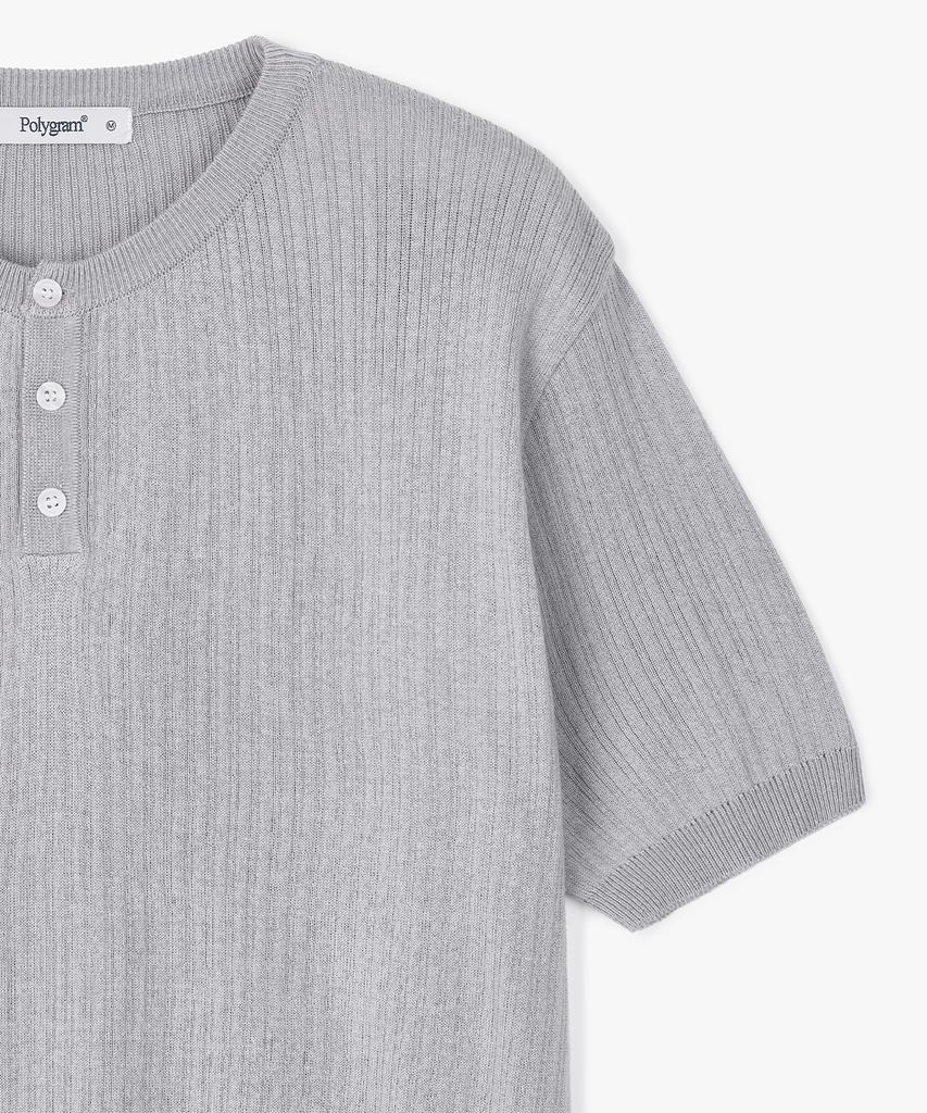 POLYGRAM Ribbed Henley Neck Short Sleeve Knit - Gray