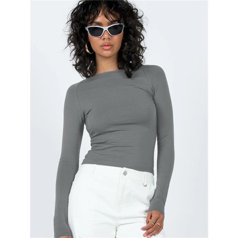 

Женские облегающие топы с длинным рукавом, базовые укороченные топы для выхода в свет, модные однотонные топы с круглым вырезом и многослойной облегающей посадкой S серый