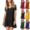 Women Fashion  Color Loose Dress Short Sleeve V-Neck Dress