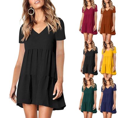Women Fashion  Color Loose Dress Short Sleeve V-Neck Dress