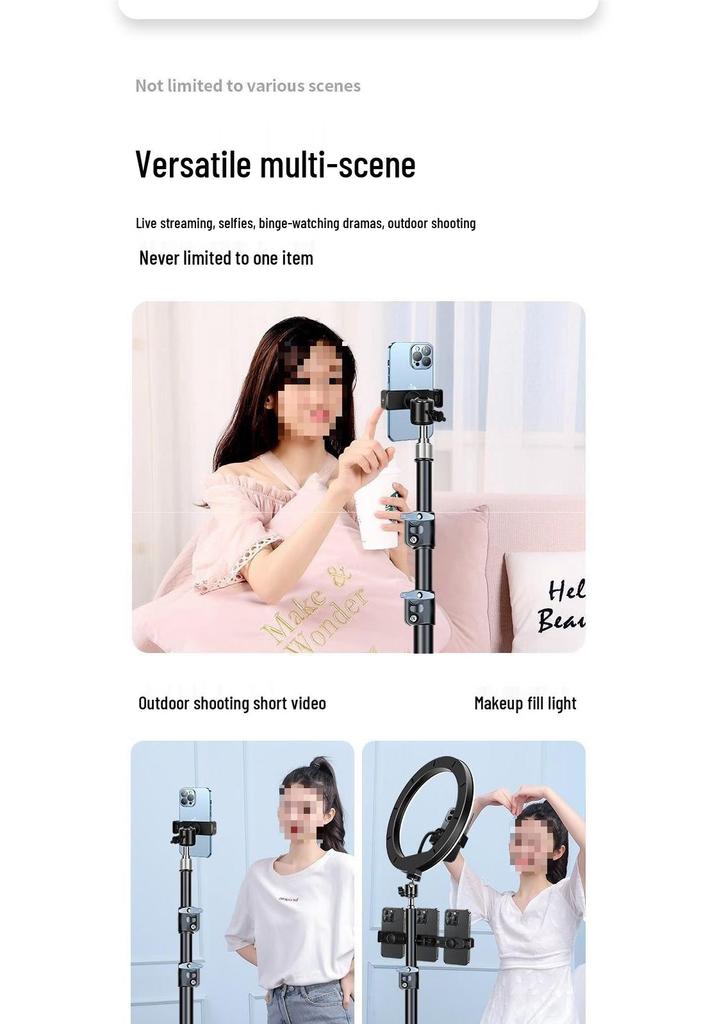 Dual Mobile Phone Live Streaming Tripod with Multi-Angle Stand and Fill Light for Outdoor Broadcasting