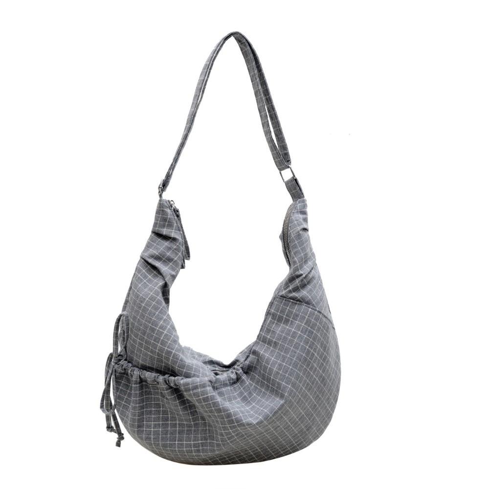 

Large Capacity Cow Horn Bag Pleated Plaid Crossbody Bag Daily Use Canvas Bag Casual серый