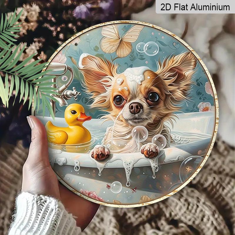2D Flat, 1pc Round Aluminum Cute Chihuahua Bathing Metal Sign, Funny Dog with Rubber Duck & Bubbles Vintage Wall Plaque, Perfect for Bathroom, Pet