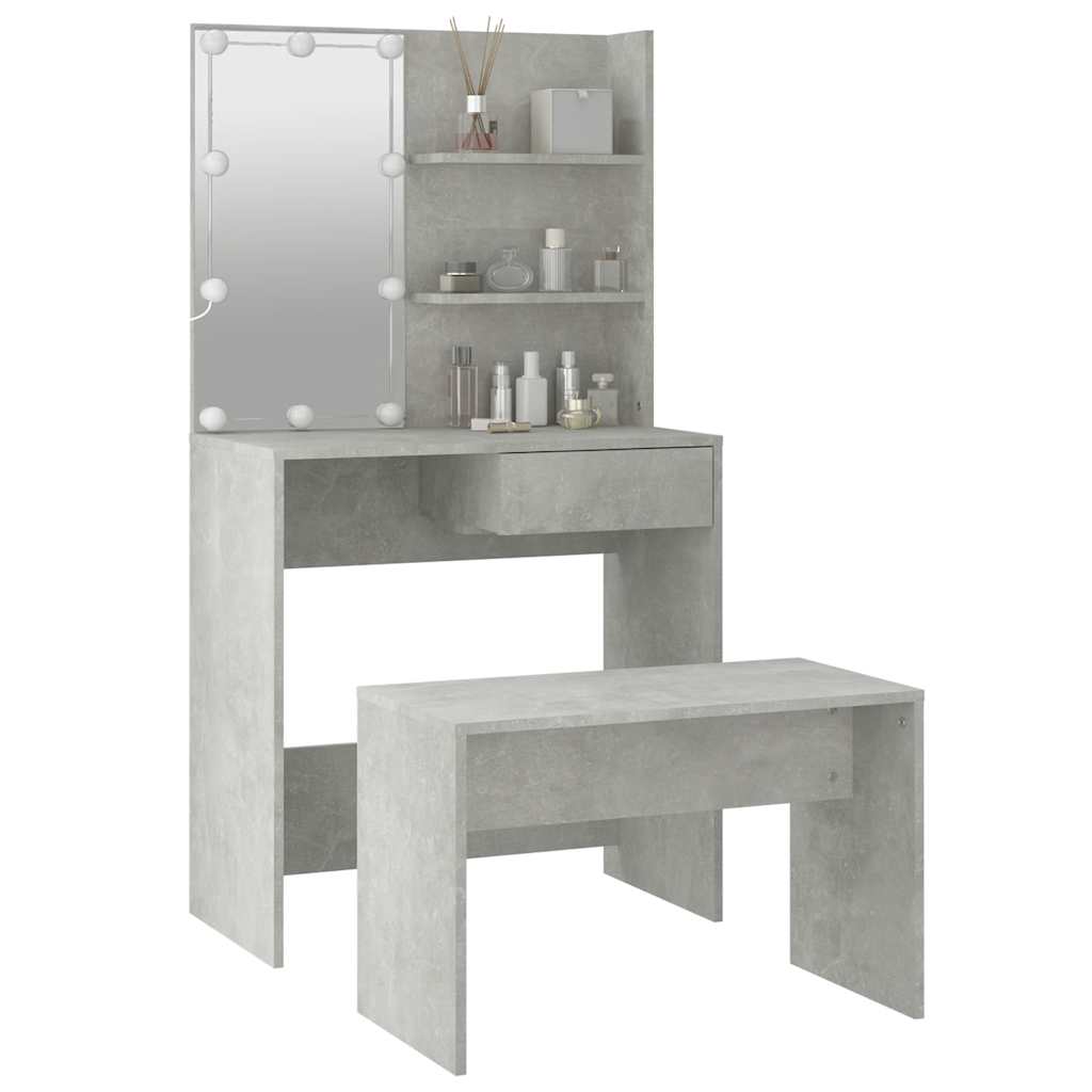 Makeup Table Set with LED Lighting Concrete Grey Wood Based Material