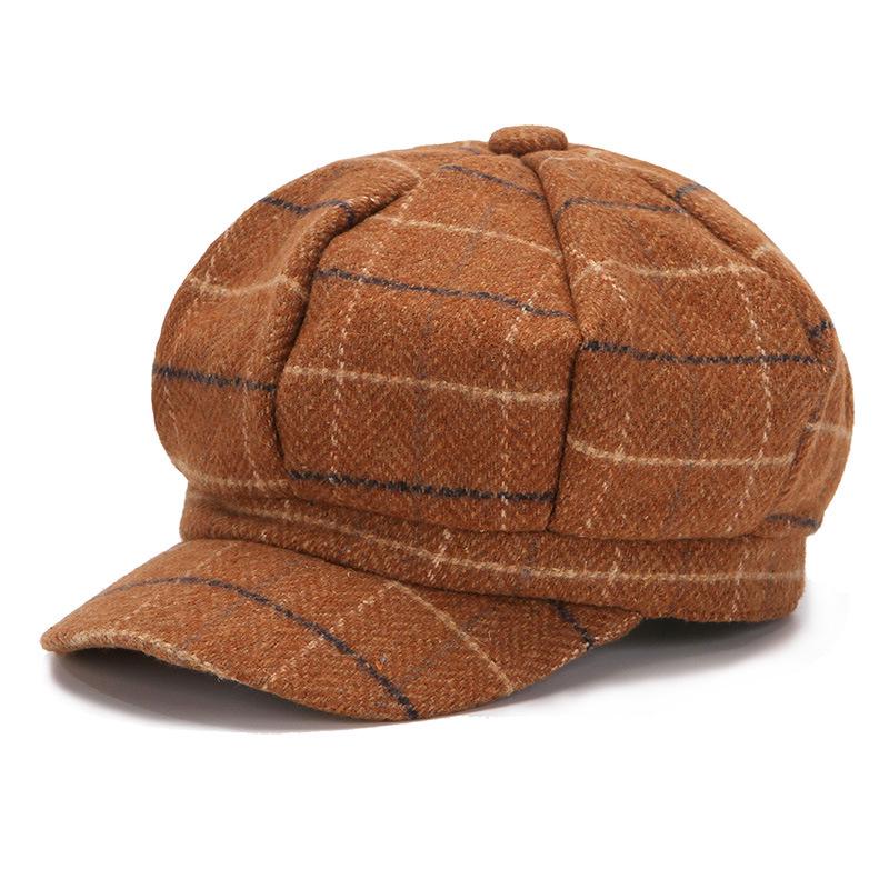 Béret en laine à carreaux pour femmes de style coréen - Casquette polyvalente à huit panneaux pour l'automne et l'hiver