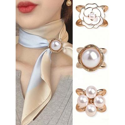 1PCS Ladies Fashion Gold Faux Pearl Silk Scarf Combination Buckle Corner Knot Ring Multi-Functional Scarf Fixed Buckle Women Brooch