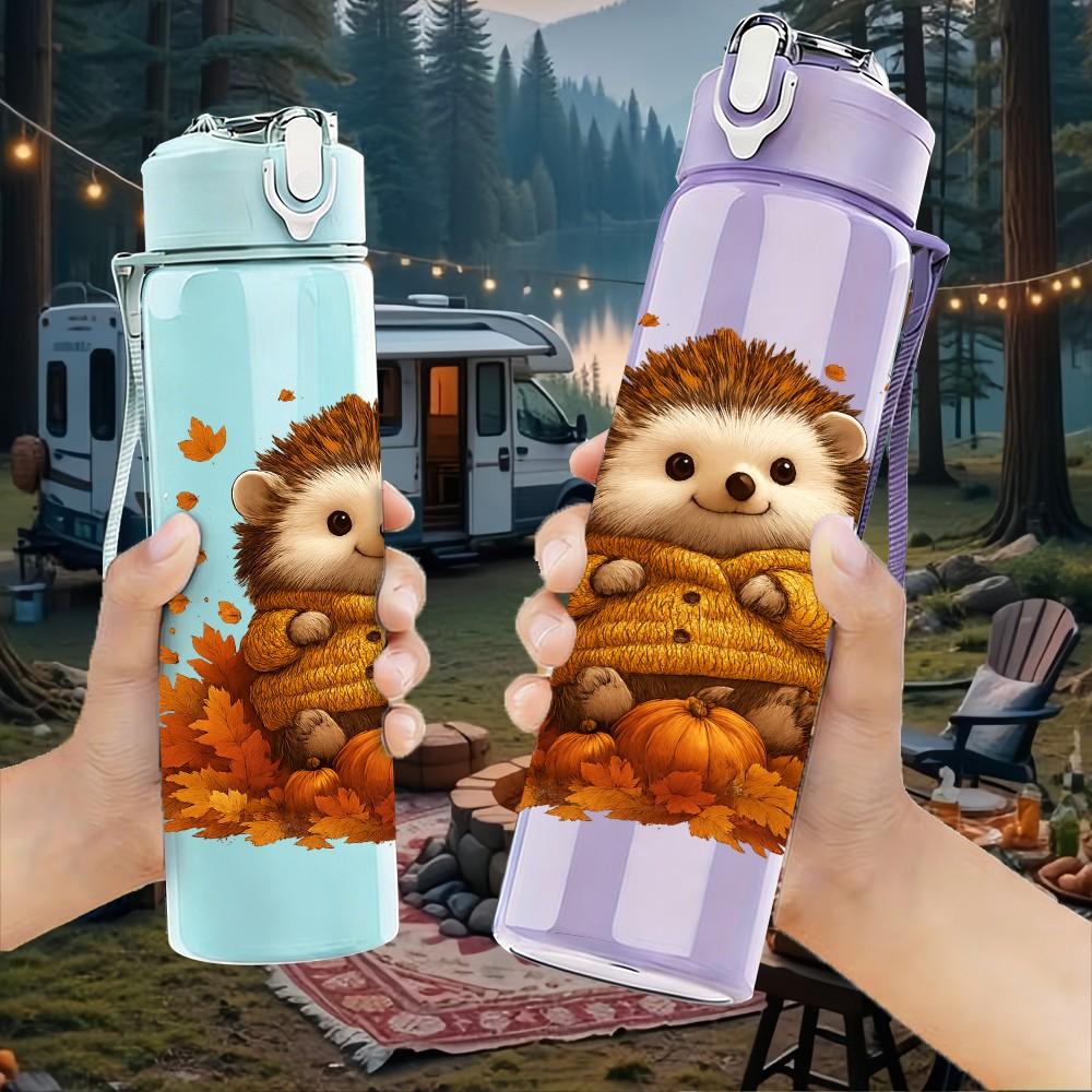 1PC Autumn Leaves Hedgehog Illustration 750ml Color Plastic Sports Water Bottle Leakproof Flip Straw Lid Suitable for Sports Office Home Use