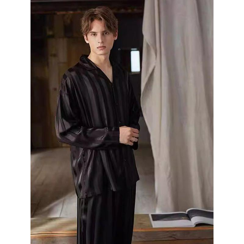 Victoria Men's Secret of Pajamas Spring & Fall Dark Stripes Imitation Silk Long Sleeves Pants Loose Homewear Suit