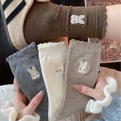 Cartoon Medium Tube Female Embroidery Cute Socks Socks Rad Cotton Pile Color Socks Beautiful Bunny Lace