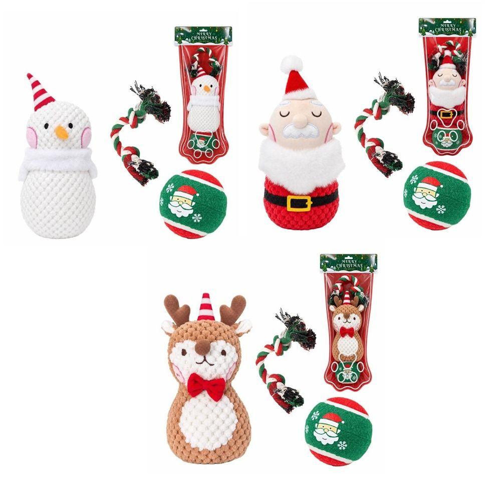 3pcs Xmas Tree Pet Chew Toy Ball Christmas Santa Pet Toy Festive Puppy Biting Toy Large Dogs