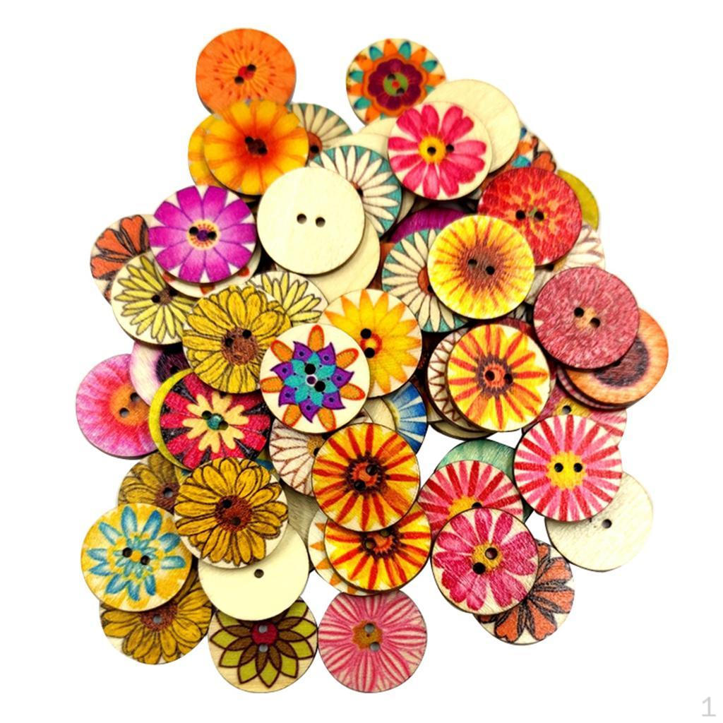 100 Pcs Assorted 2 Holes Round Flower Button Sewing Crafts