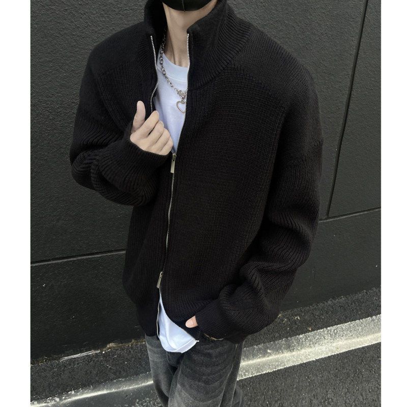 No Logo Official Lazy Style Sweater for Men, Autumn and Winter Double Zipper Cardigan, Stand Collar Knitwear Jacket for Boys