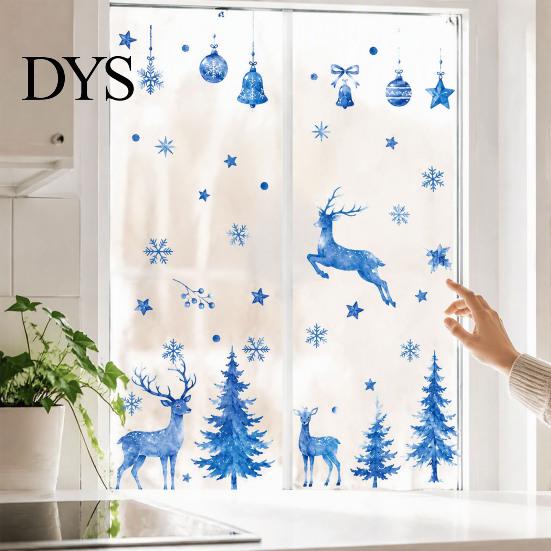 Blue Christmas Theme Party Supplies Watercolor Window Sticker, Non Adhesive Elk Snowflake Tree Removable PVC Holiday Decorations Wall Decal,