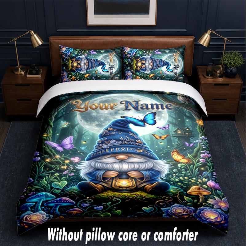 Gnome Theme Custom Text Or Name 3Pcs Bedding Set,1 Flat Sheet & 2 Pillowcases Personalized Home Bedding